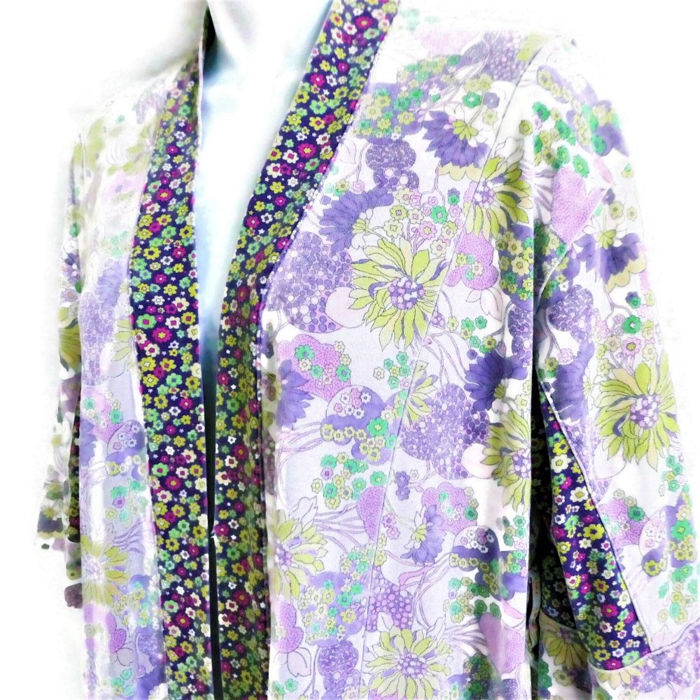 Lucky Brand Kimono Cardigan Tunic Mixed Floral Jersey Pockets Side Vents Boho S